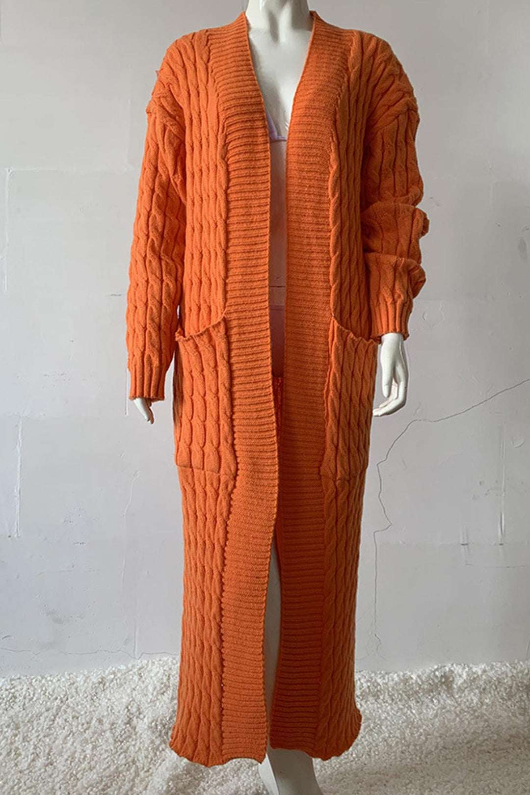 Pocketed Cable Knit Long Cardigan Green · XL