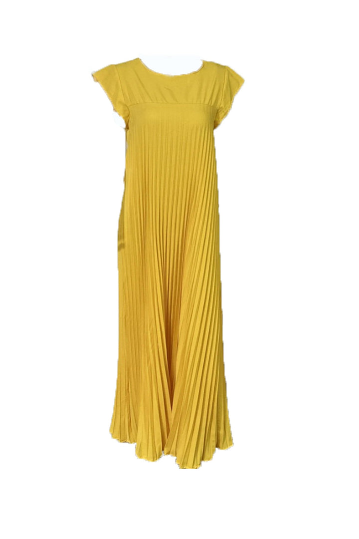 Crew Neck Cap Sleeve Pleated Dress Black · S