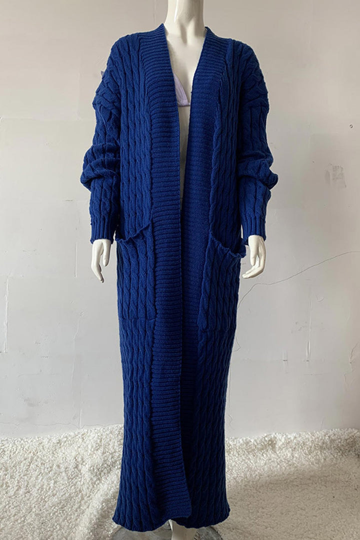 Pocketed Cable Knit Long Cardigan Yellow · L