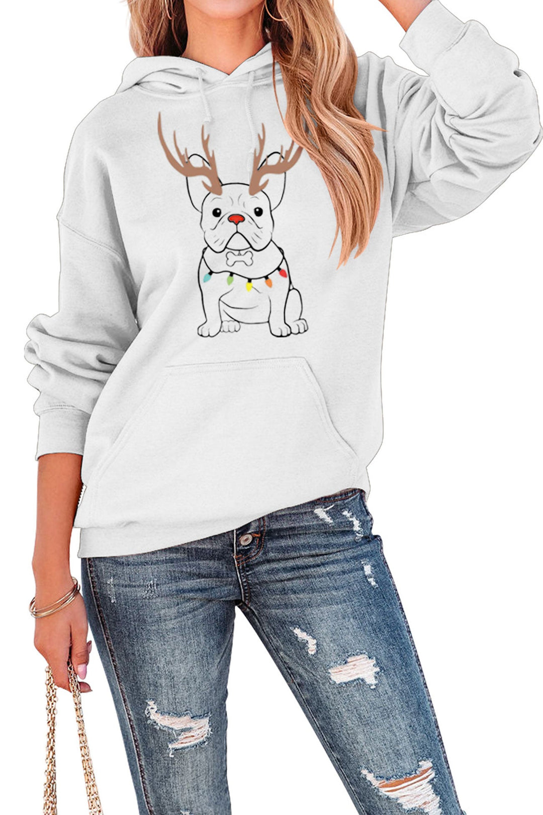 French Bulldog Christmas Graphic Hoodie Beige · M