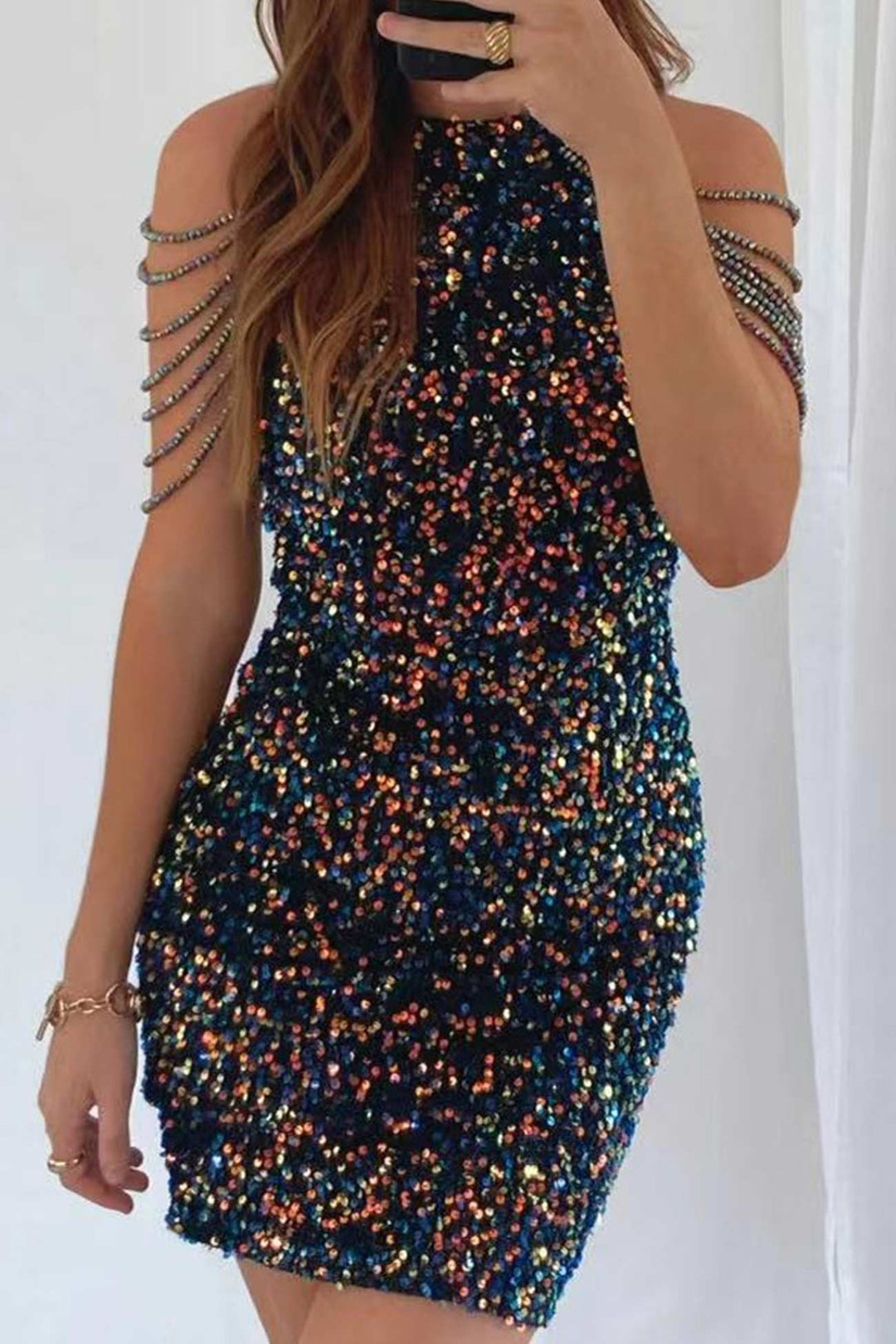 Fringe Shoulder Sequins Pack Hip Mini Dress Wine Red · S