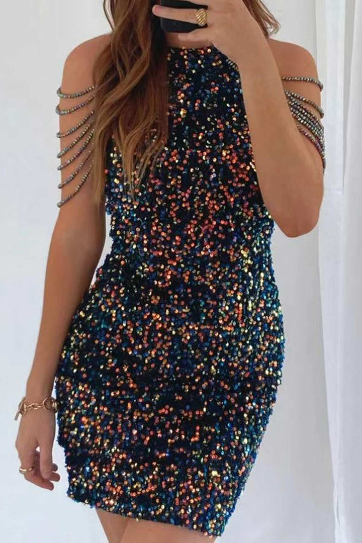 Fringe Shoulder Sequins Pack Hip Mini Dress Wine Red · S