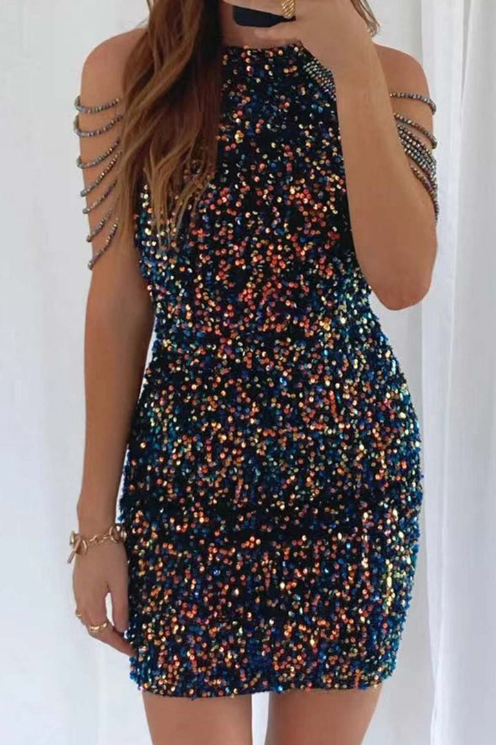 Fringe Shoulder Sequins Pack Hip Mini Dress Wine Red · M