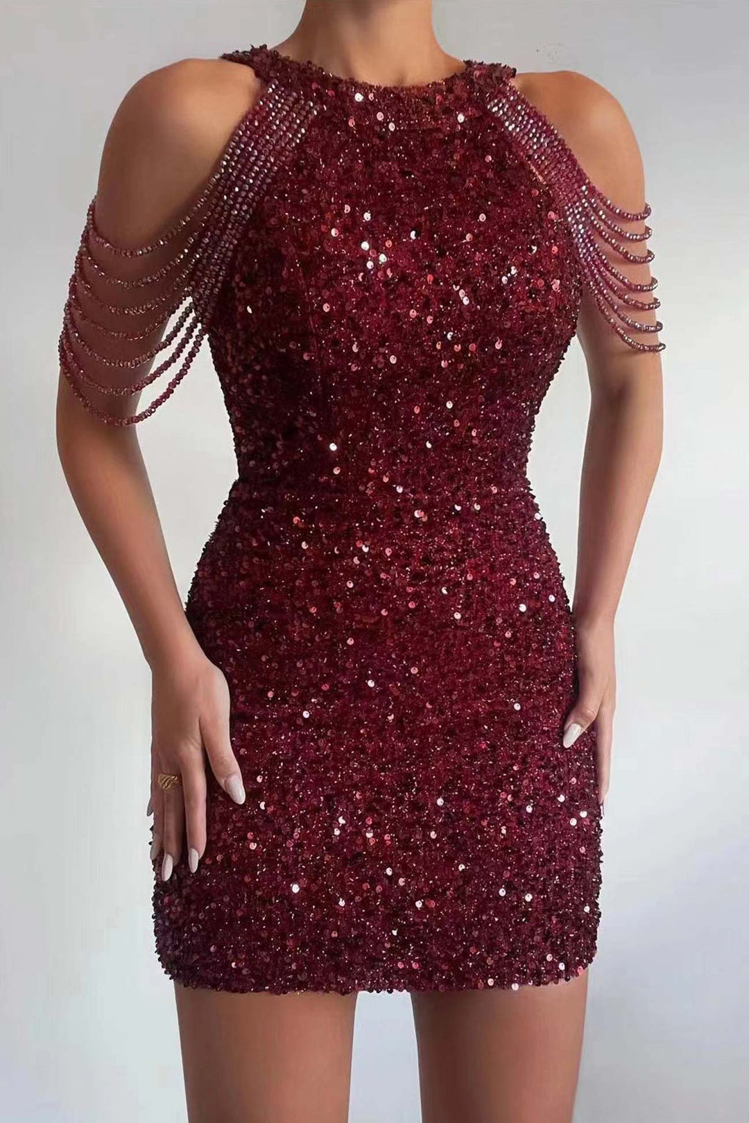 Fringe Shoulder Sequins Pack Hip Mini Dress Pink · L