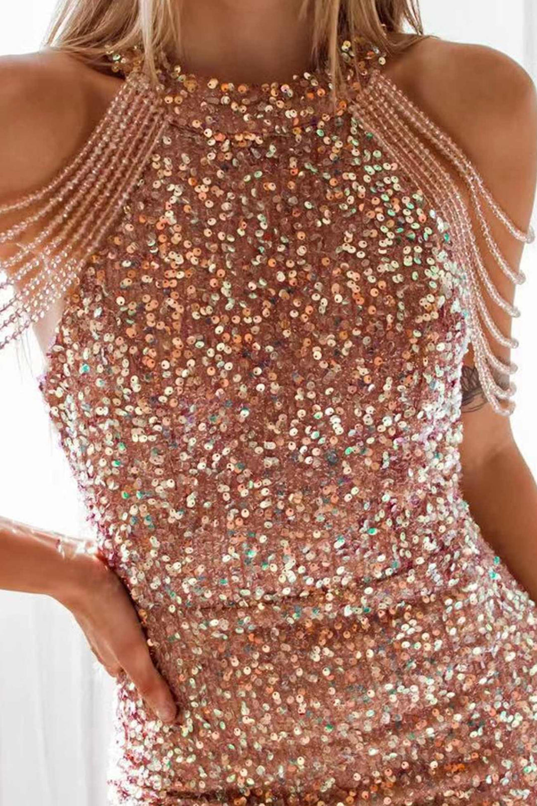 Fringe Shoulder Sequins Pack Hip Mini Dress Pink · S