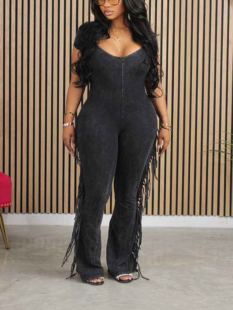 Cotton Fringe Flare Jumpsuit Red / 2XL