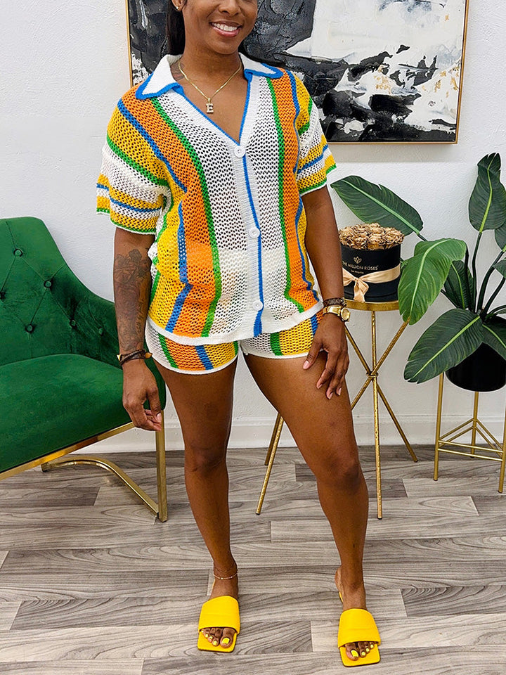 Colorblock Crochet Shorts Set Yellow / L