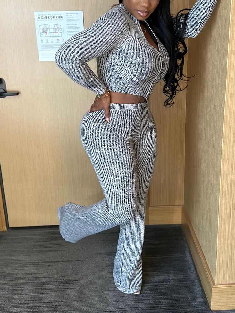 Knit Zipper Crop Top Slim Pants Set Gray* / L