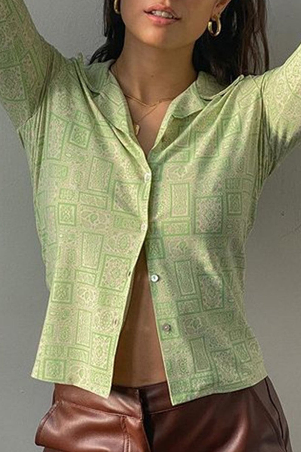 Green Lapel Printed Blouse Green · M