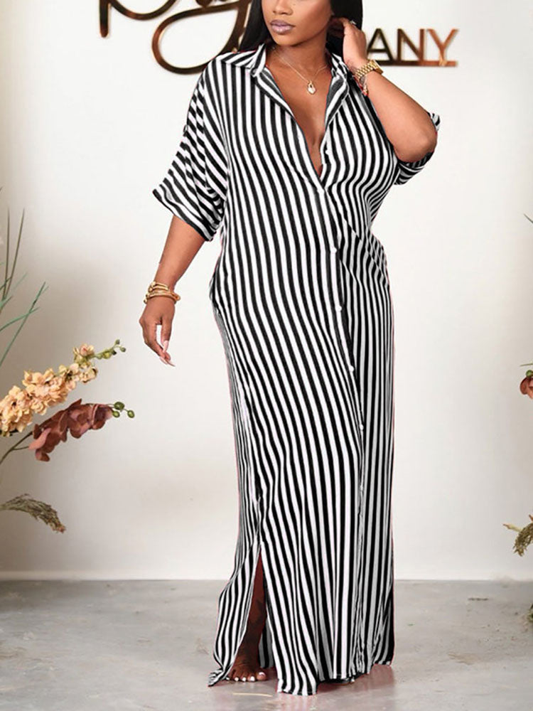 Striped Shirt Dress Black / 2XL