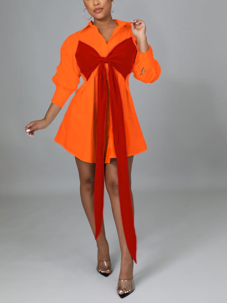 Patchwork Lace Up Shirt Dress Orange / M
