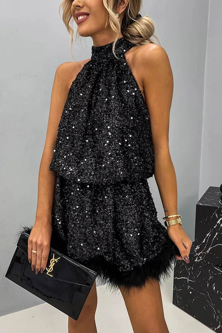 Halter Neck Sleeveless Fuzzy Hem Sequin Dress Caramel · XL