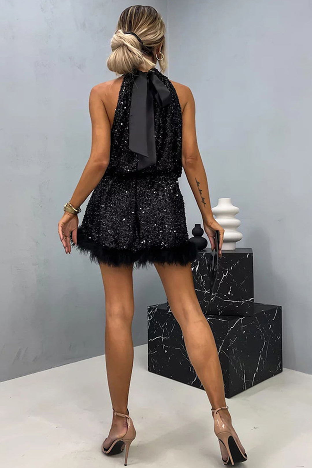 Halter Neck Sleeveless Fuzzy Hem Sequin Dress Black · S
