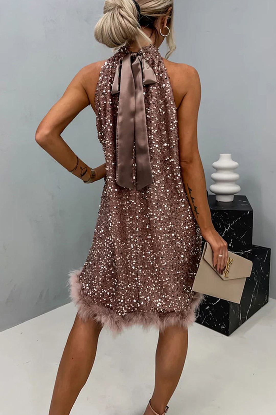 Halter Neck Sleeveless Fuzzy Hem Sequin Dress Caramel · S