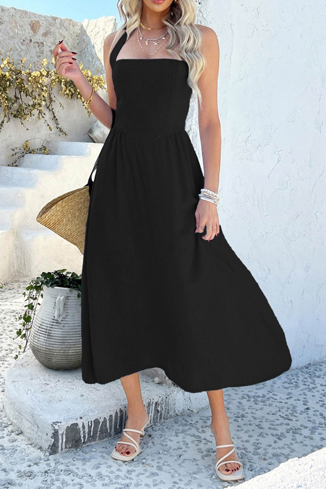 Halter Square Neck High Waist Midi Dress Blue · L