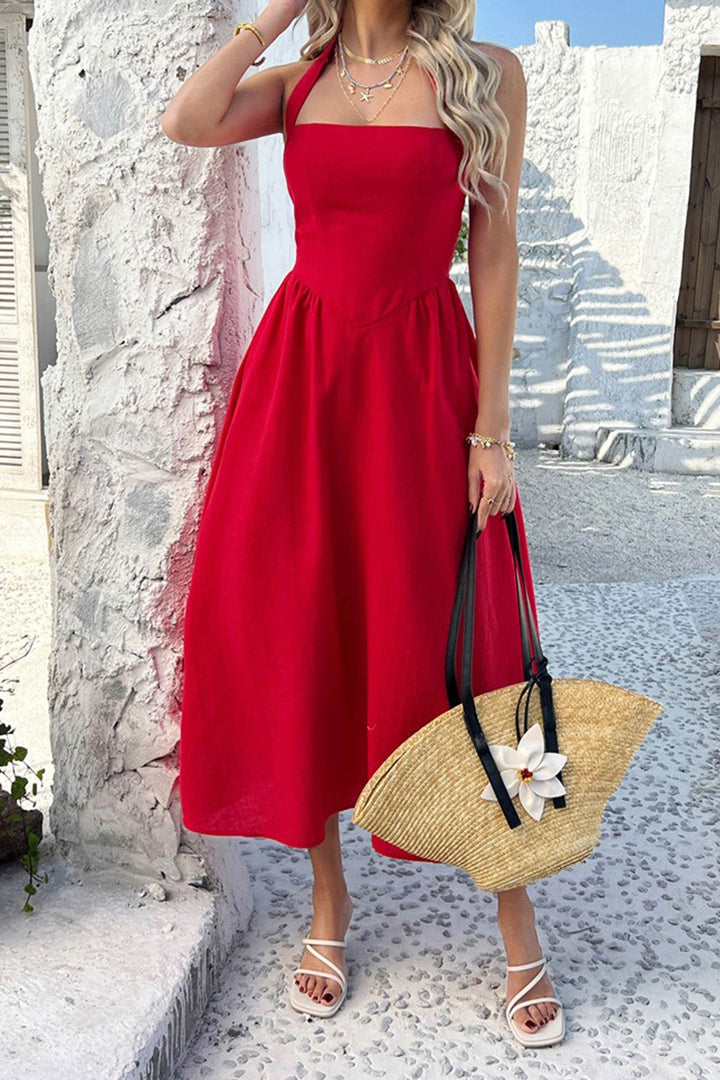 Halter Square Neck High Waist Midi Dress Red · L