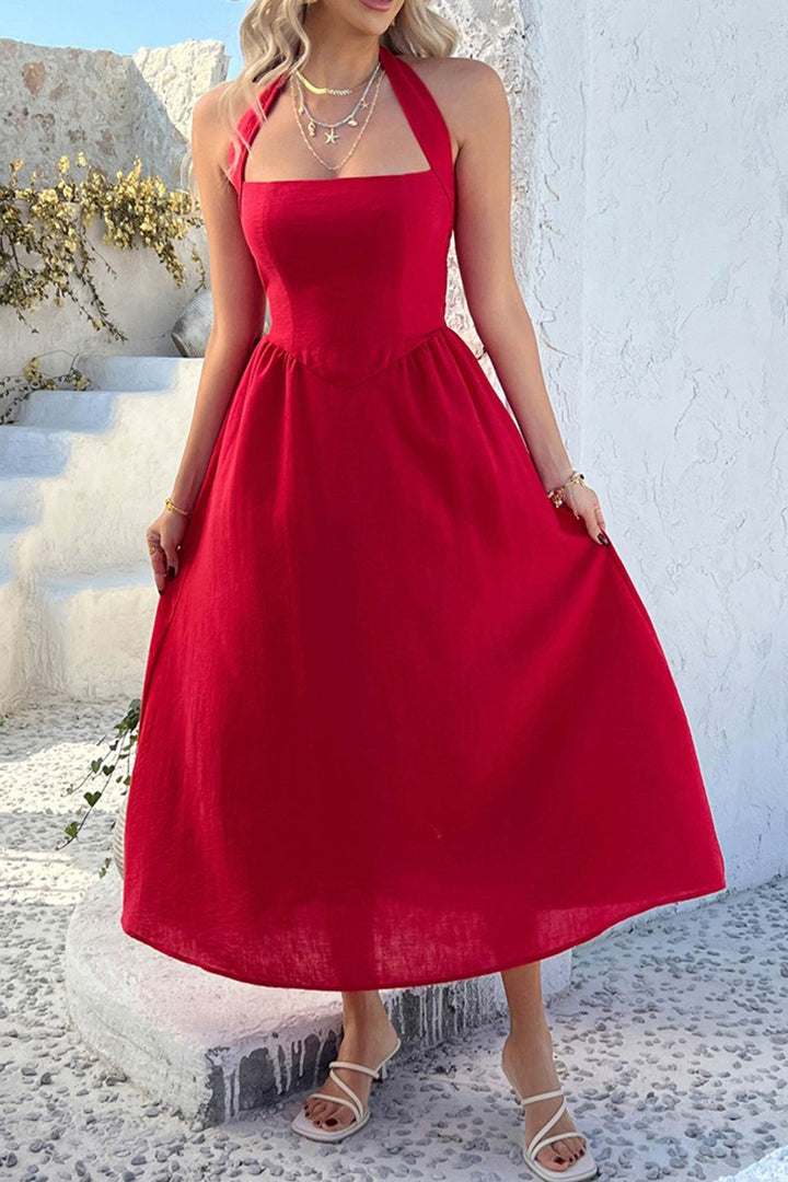 Halter Square Neck High Waist Midi Dress Red · XL