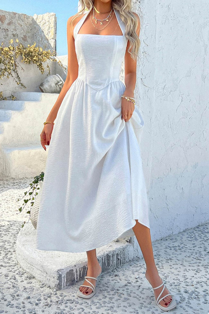 Halter Square Neck High Waist Midi Dress White · M