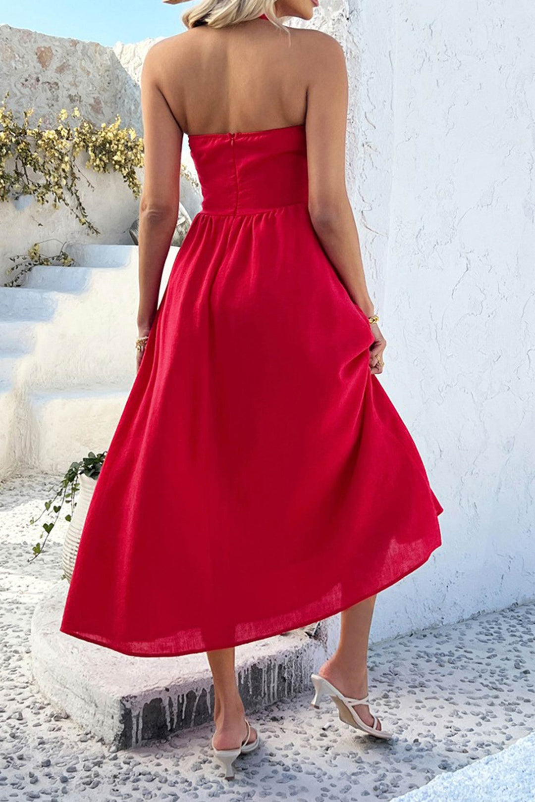 Halter Square Neck High Waist Midi Dress Red · S