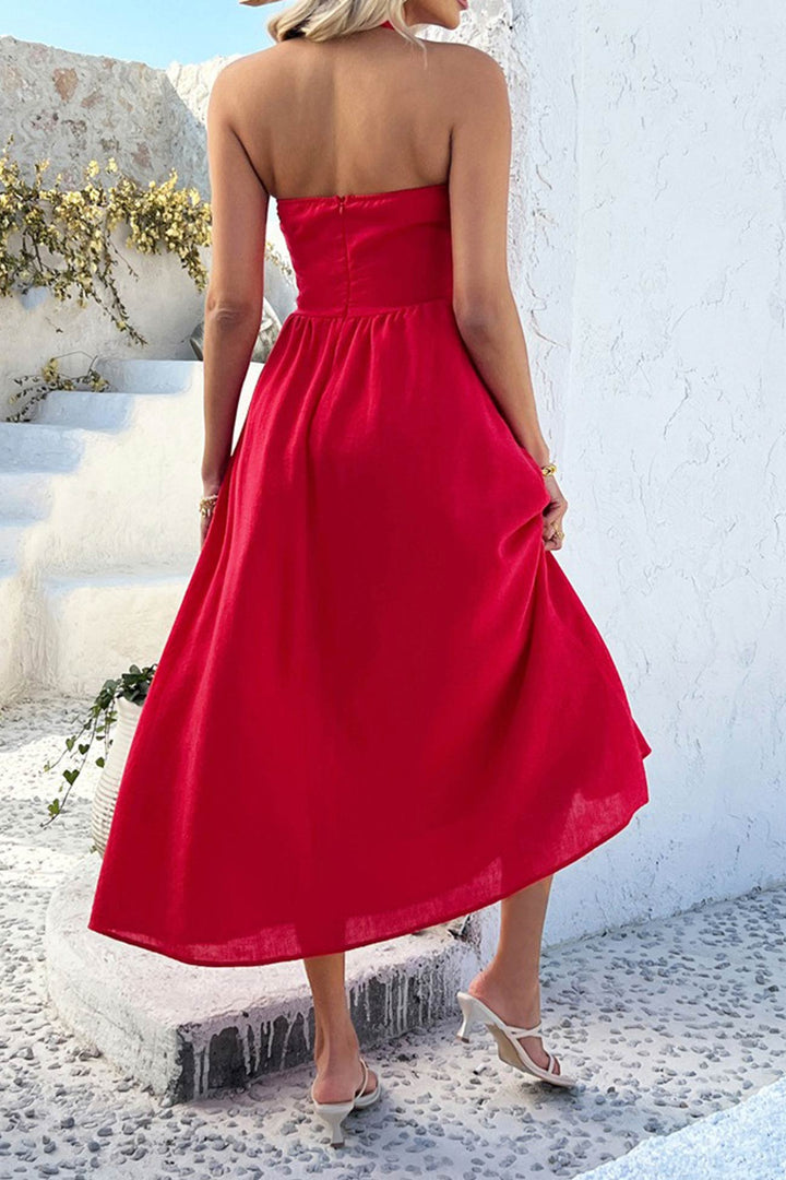Halter Square Neck High Waist Midi Dress Red · S