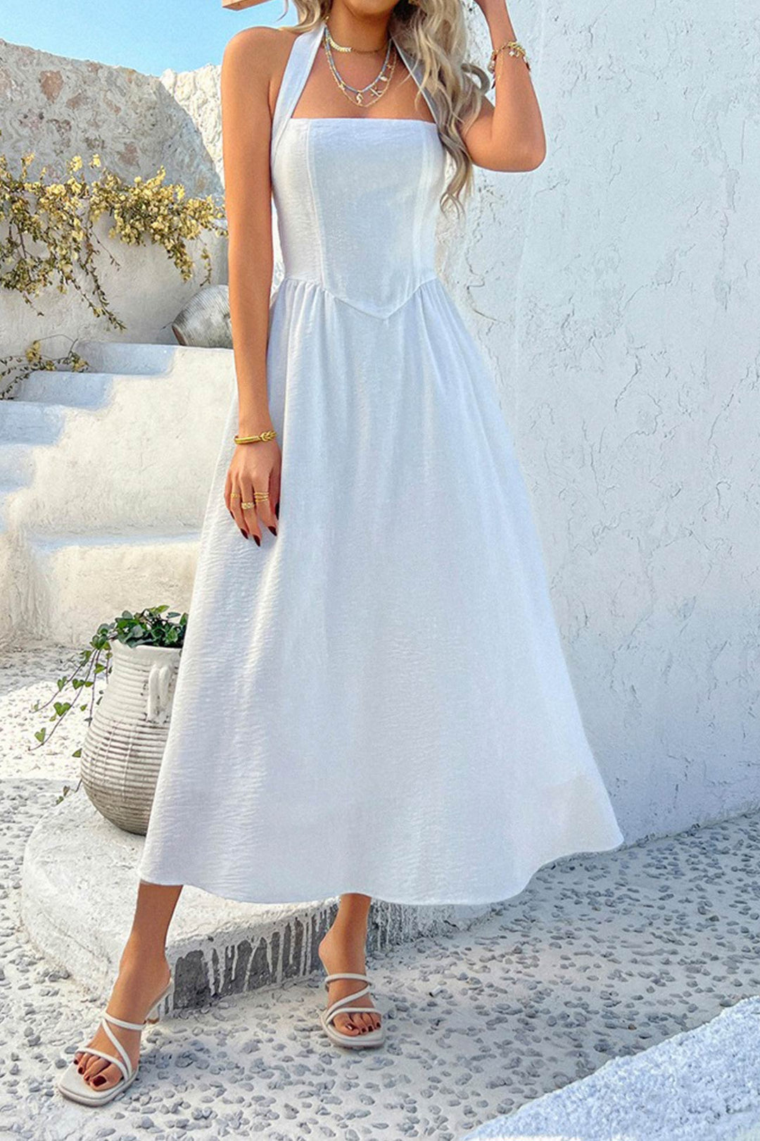 Halter Square Neck High Waist Midi Dress White · XL