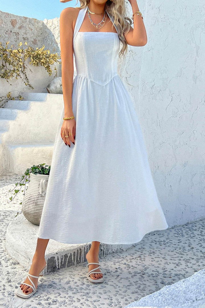 Halter Square Neck High Waist Midi Dress White · XL