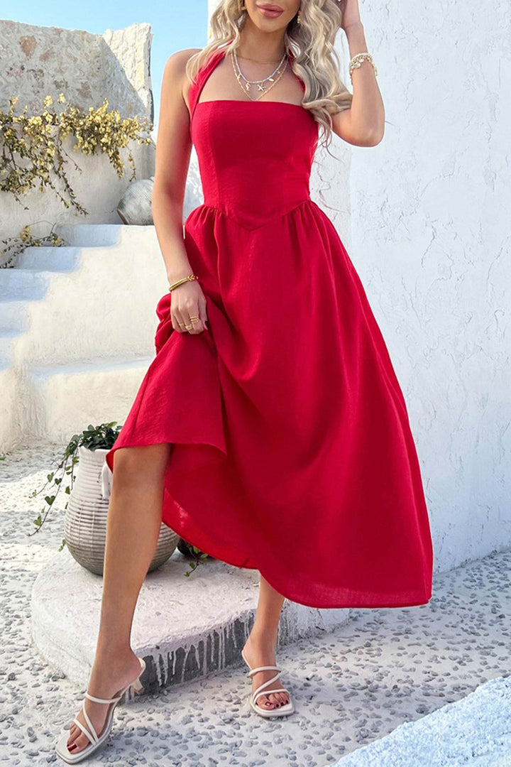 Halter Square Neck High Waist Midi Dress Red · M