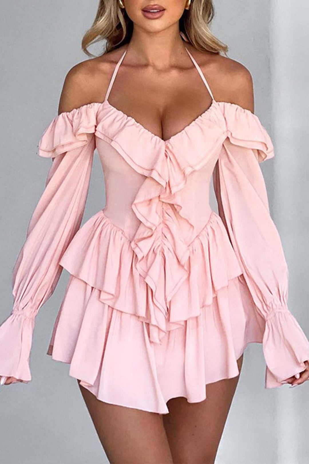 Halter Off-The-Shoulder Ruffled Mini Dress Pink · S