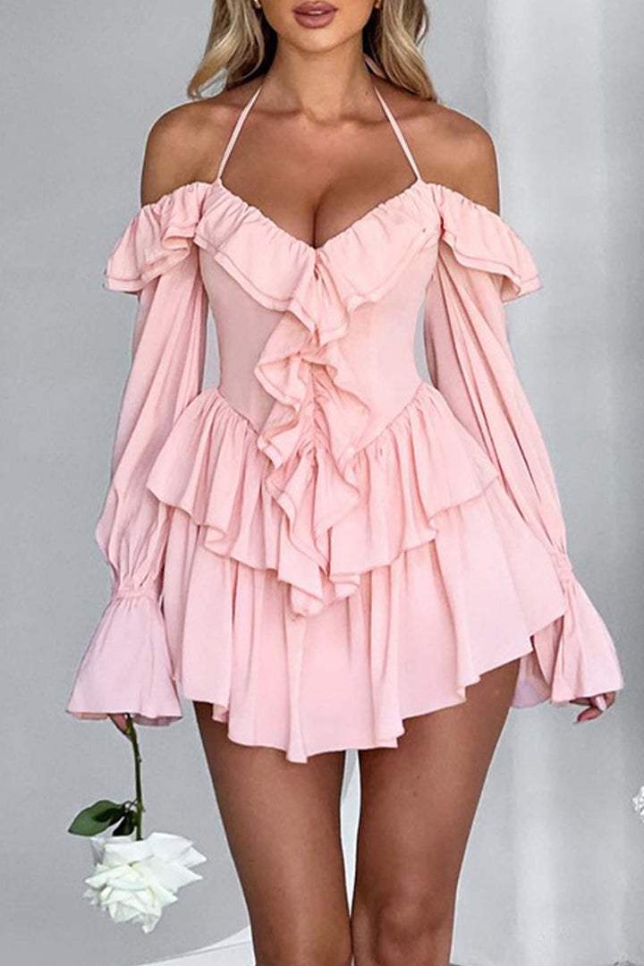 Halter Off-The-Shoulder Ruffled Mini Dress Pink · M