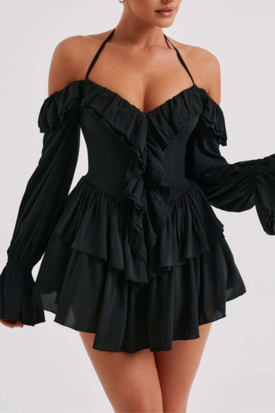 Halter Off-The-Shoulder Ruffled Mini Dress Pink · L