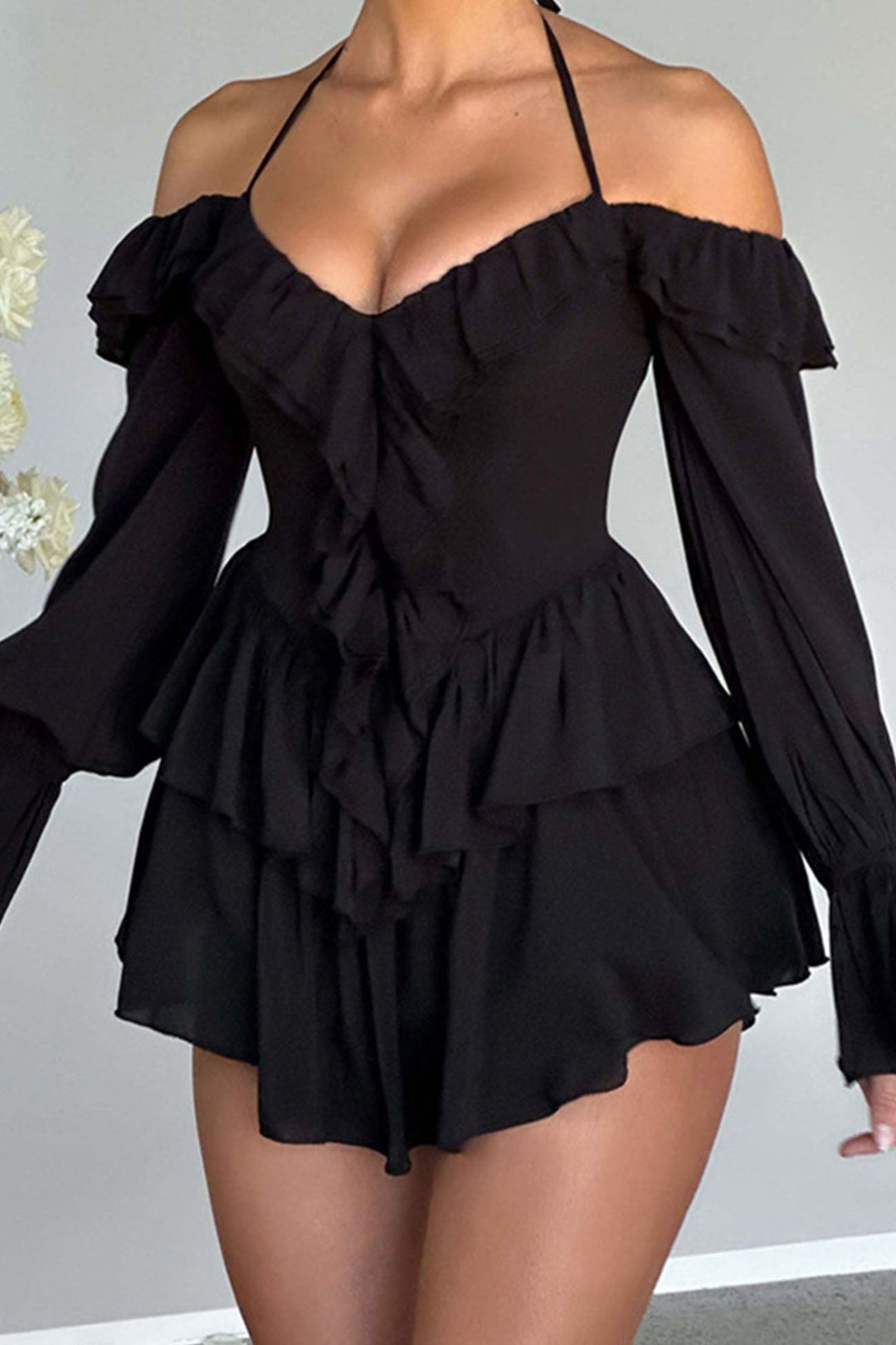 Halter Off-The-Shoulder Ruffled Mini Dress Black · S