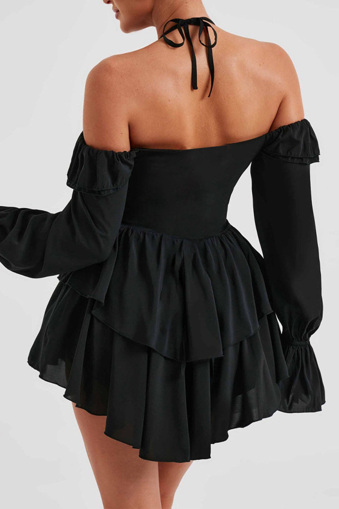 Halter Off-The-Shoulder Ruffled Mini Dress Black · M