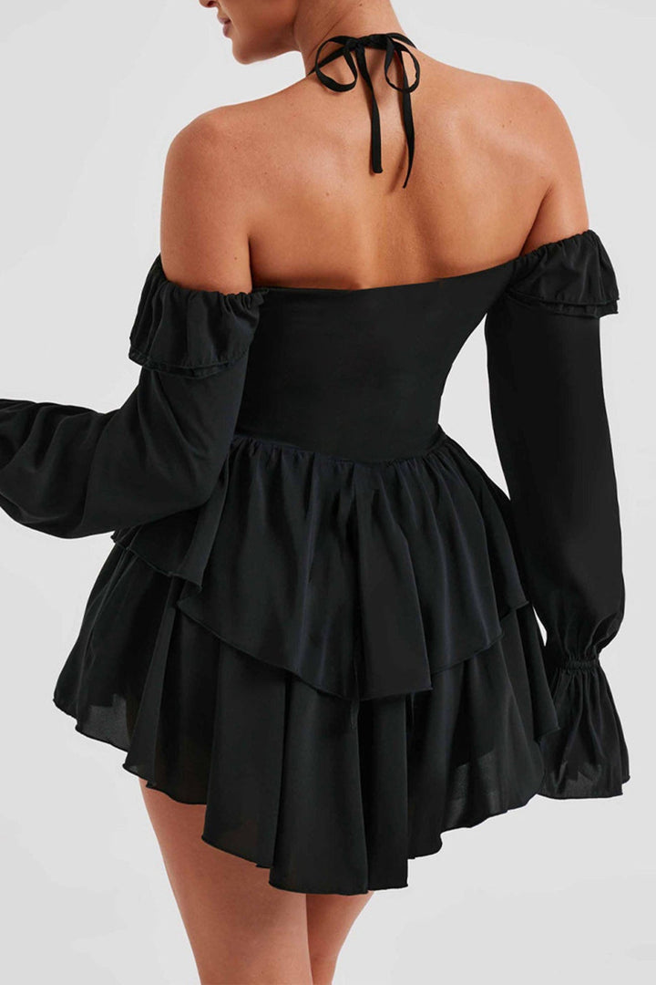 Halter Off-The-Shoulder Ruffled Mini Dress Black · M