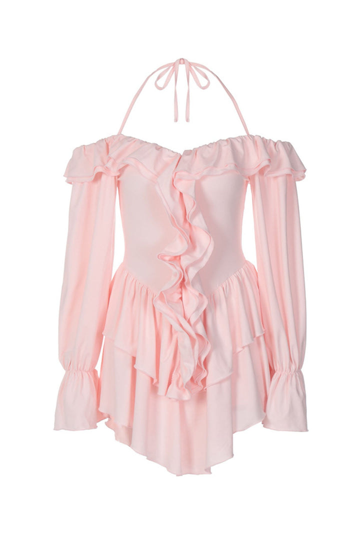 Halter Off-The-Shoulder Ruffled Mini Dress Black · L