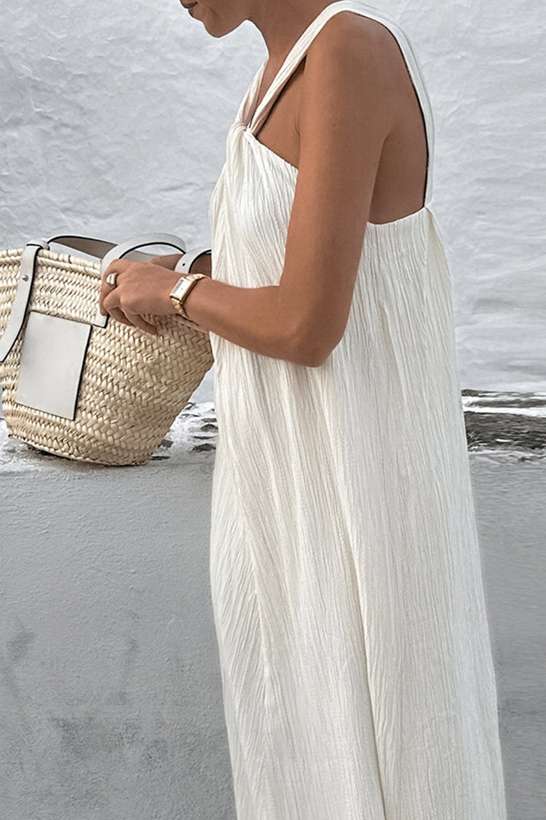 Halterneck Cotton Beach Dress Beige · S