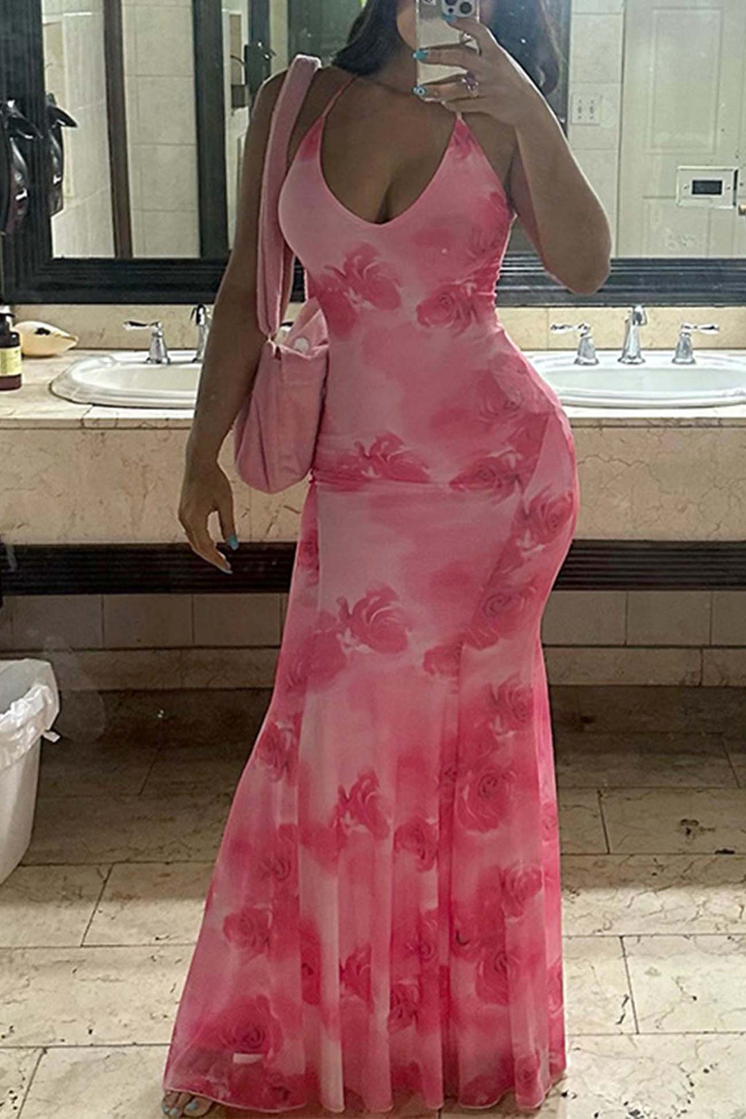Halterneck Printed Backless Fishtail Maxi Dress Pink · M