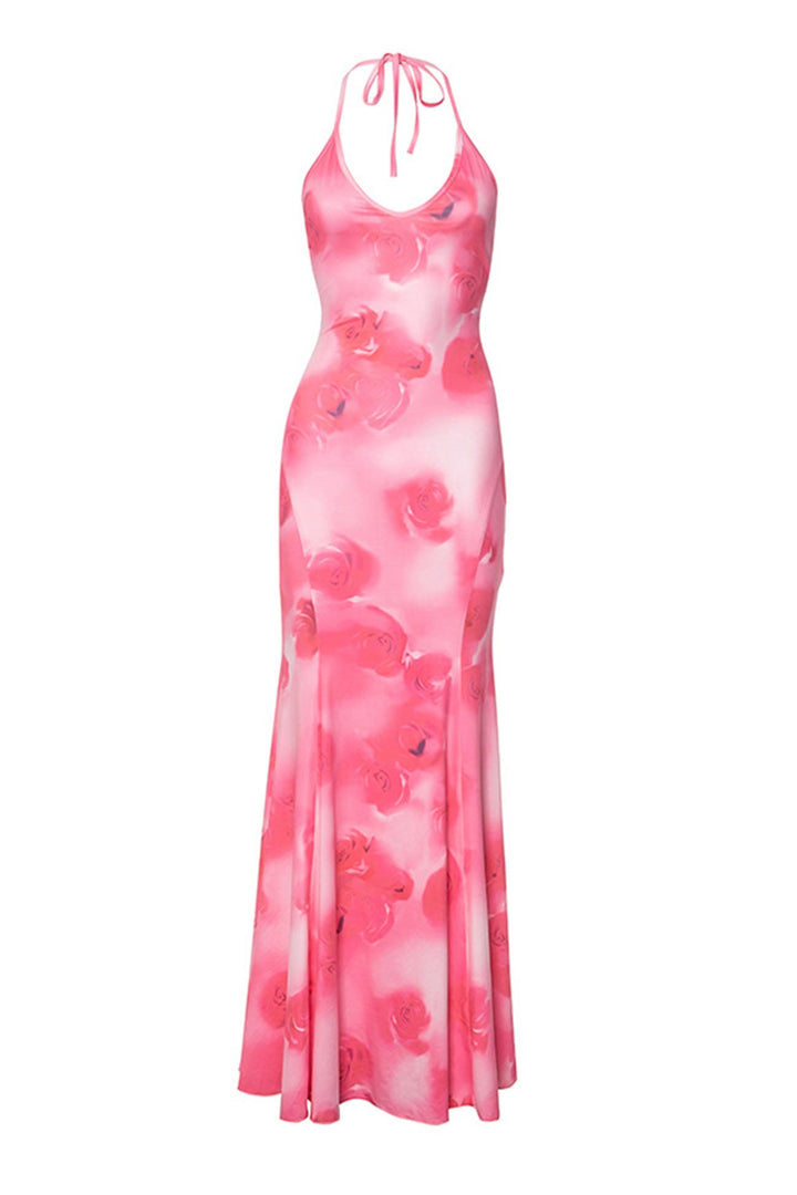 Halterneck Printed Backless Fishtail Maxi Dress Pink · L