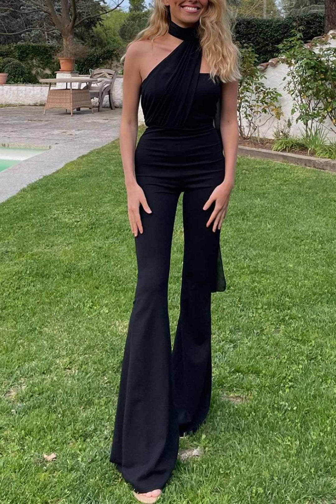 Chocker Neck Ribbon Flared Jumpsuits Rose · S