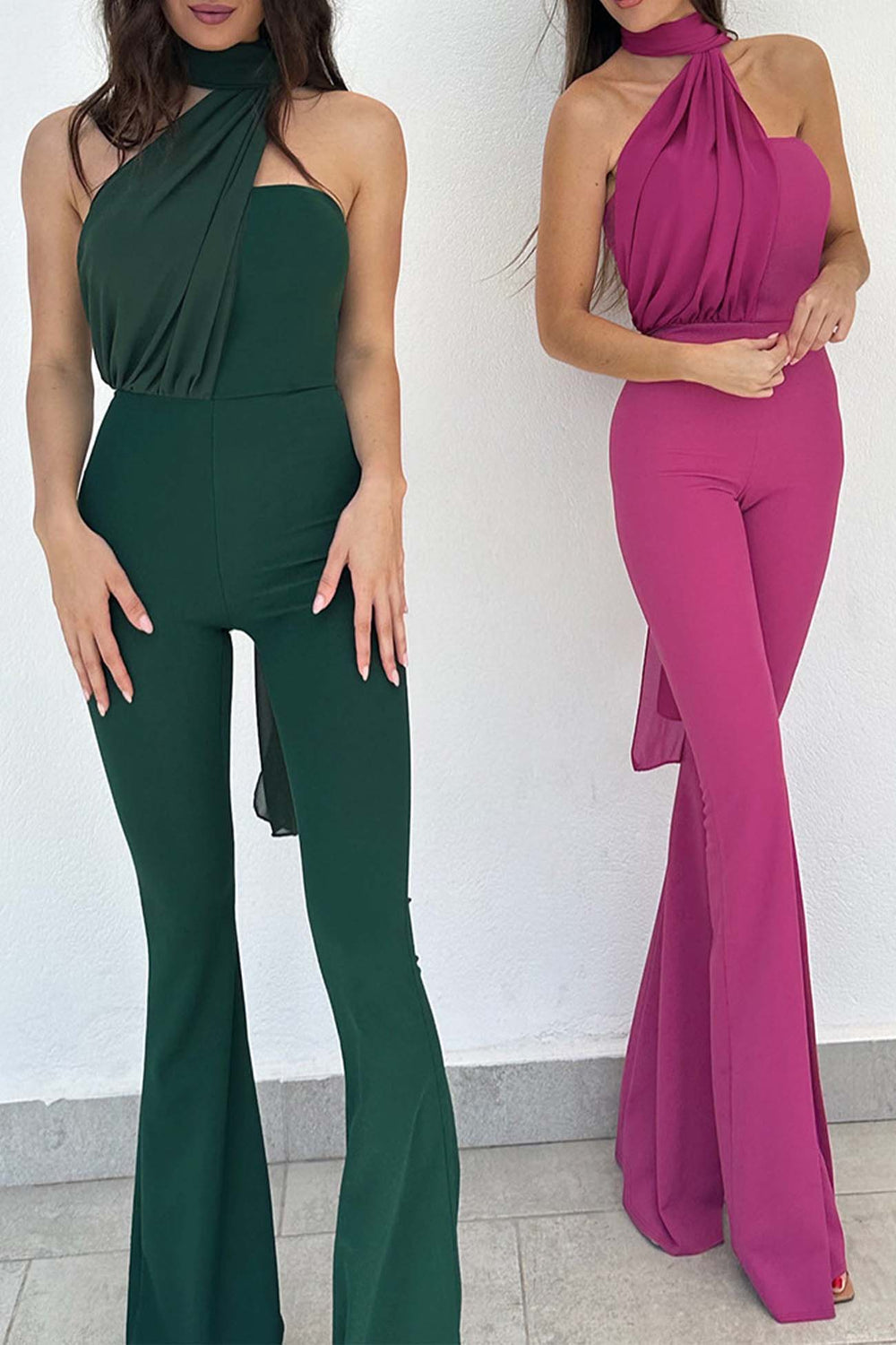 Chocker Neck Ribbon Flared Jumpsuits Green · M