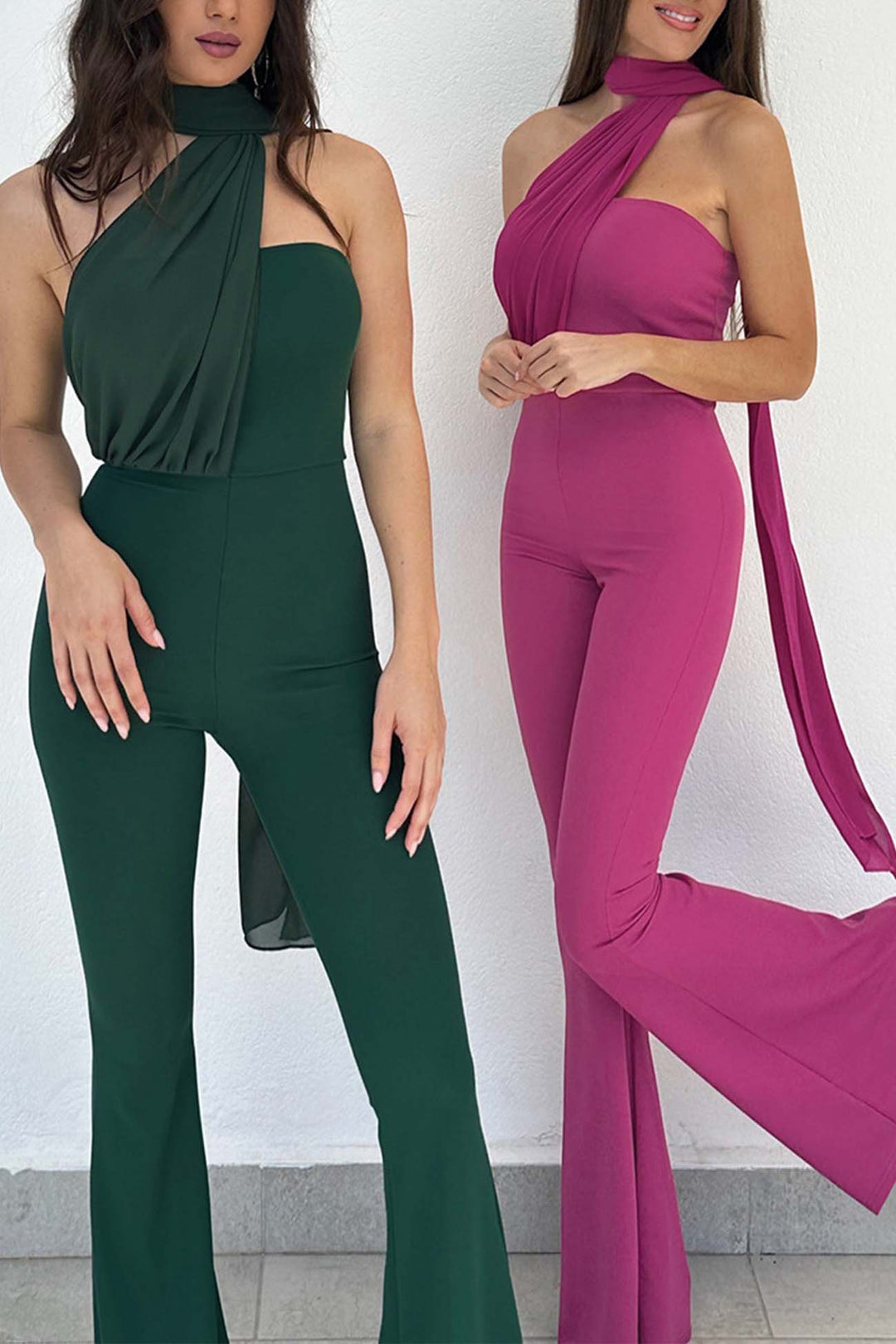 Chocker Neck Ribbon Flared Jumpsuits Green · S