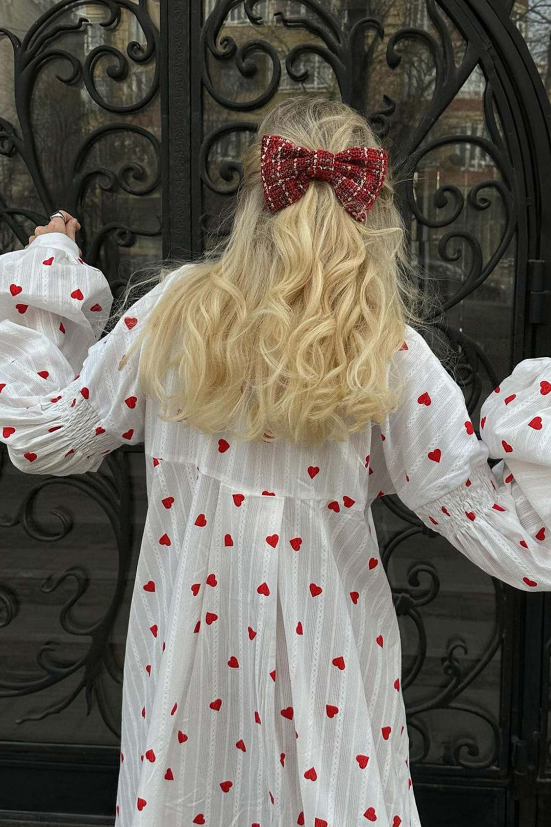 Heart Print Puff Sleeve Single-breasted Cotton Dress White · M