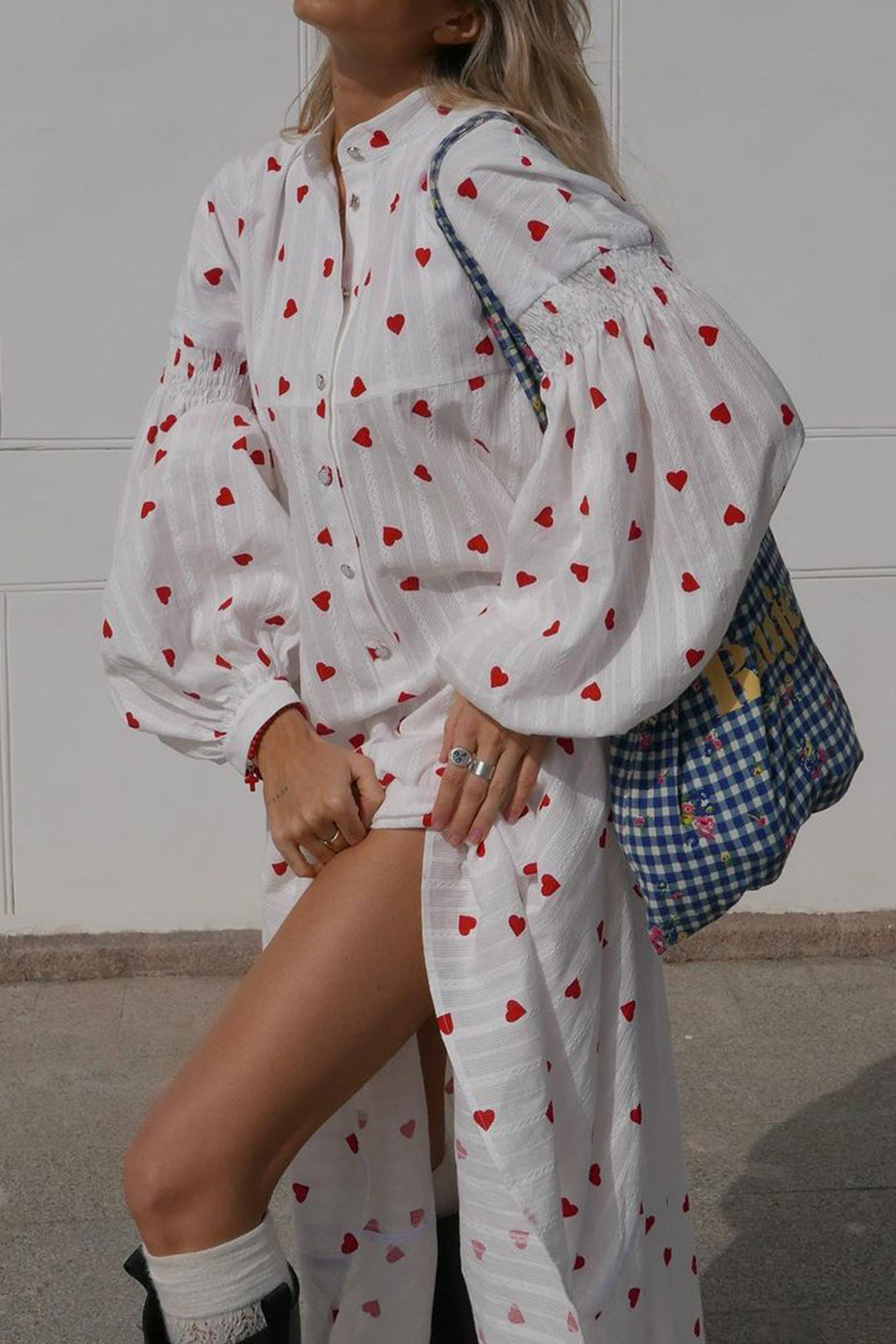 Heart Print Puff Sleeve Single-breasted Cotton Dress White · S
