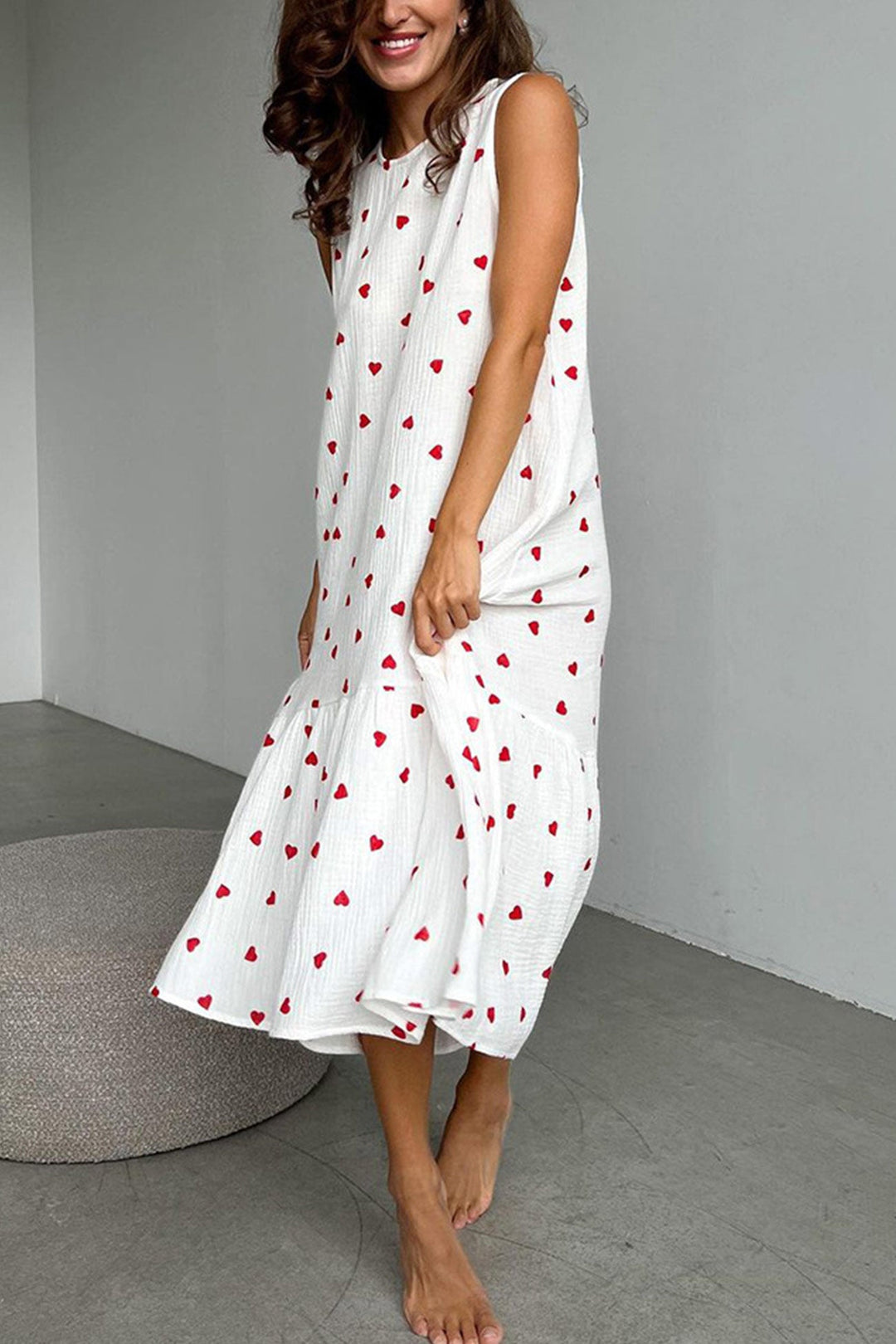 Heart Print Ruched Hem Cotton Tank Dress White · S