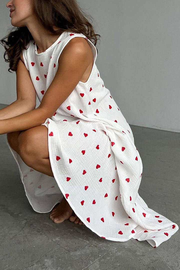 Heart Print Ruched Hem Cotton Tank Dress White · M