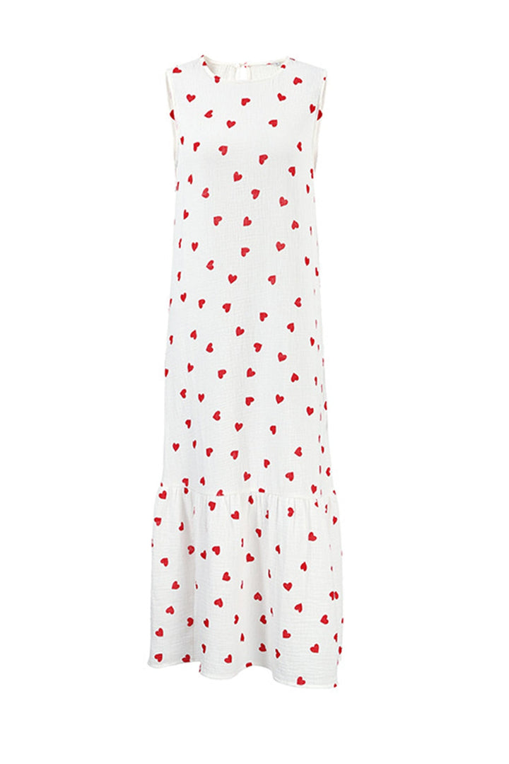 Heart Print Ruched Hem Cotton Tank Dress White · L
