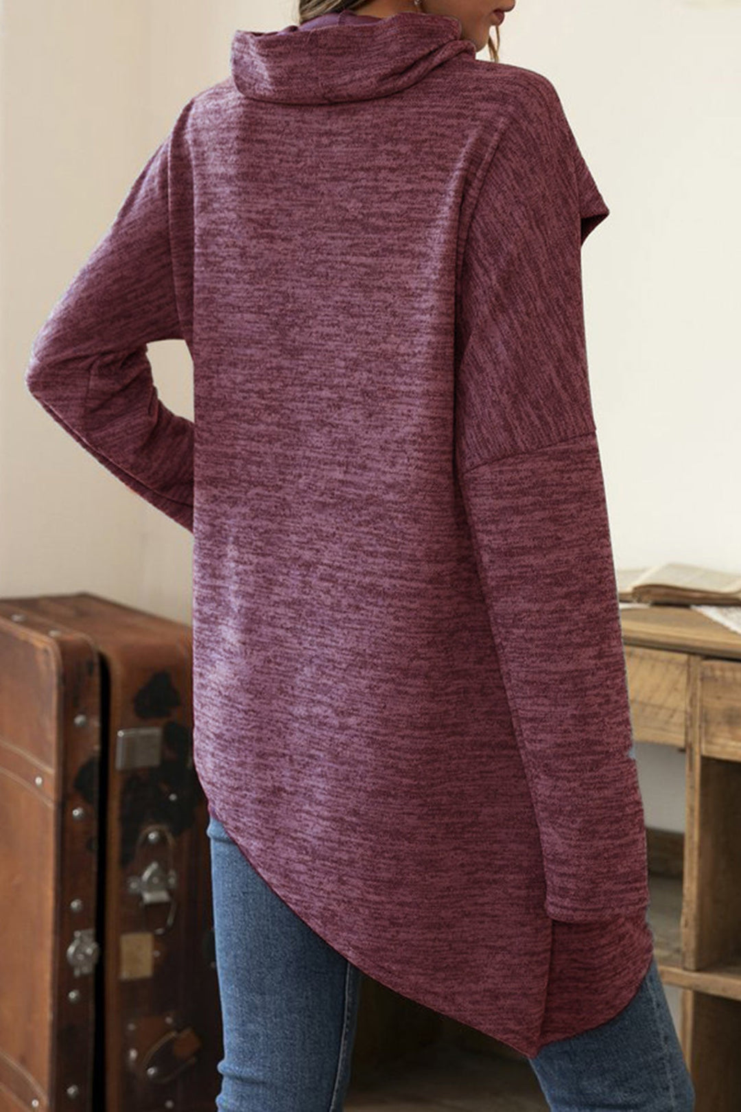 High Neck Patchwork Irregular Hem Tops Khaki · M