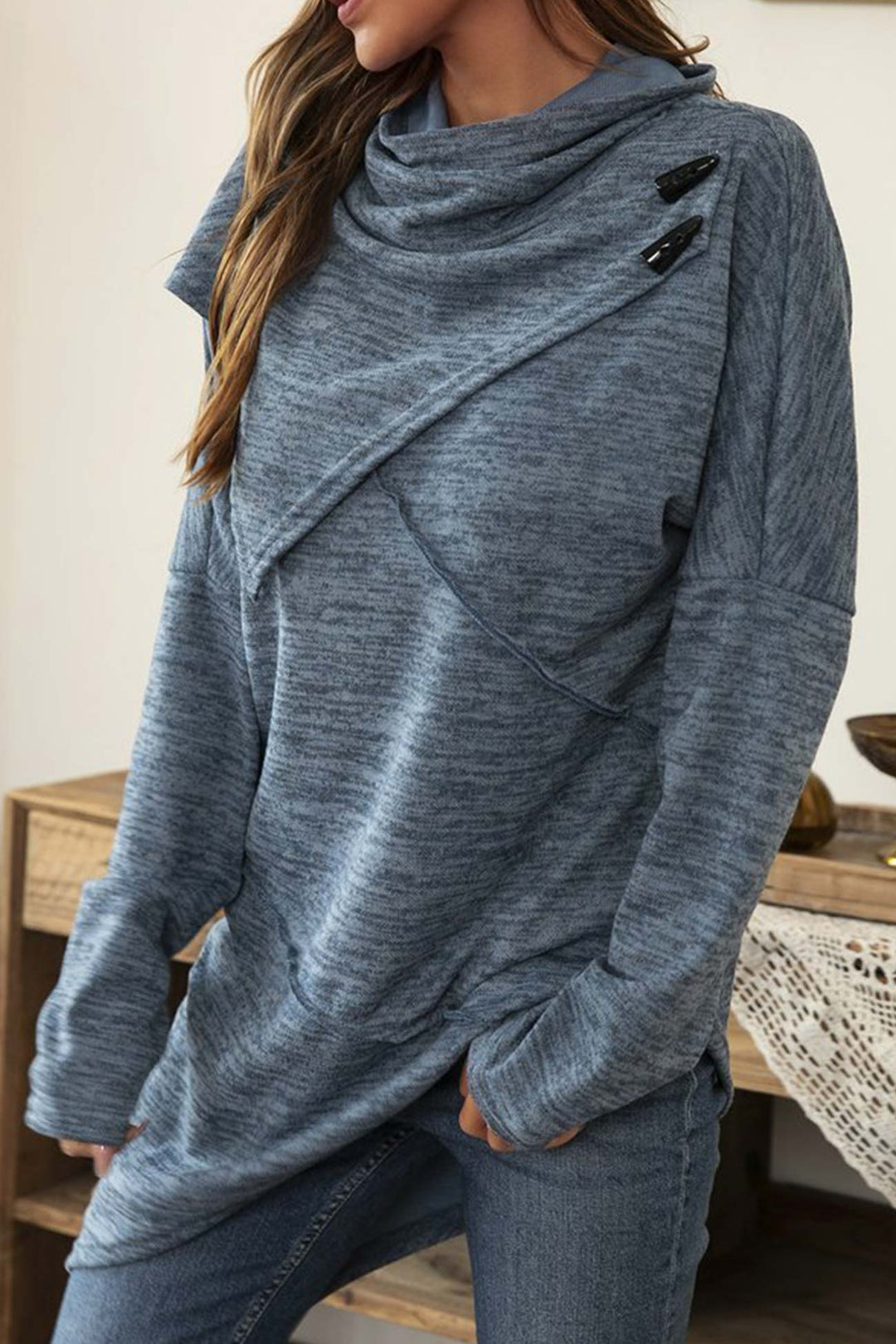 High Neck Patchwork Irregular Hem Tops Khaki · XL