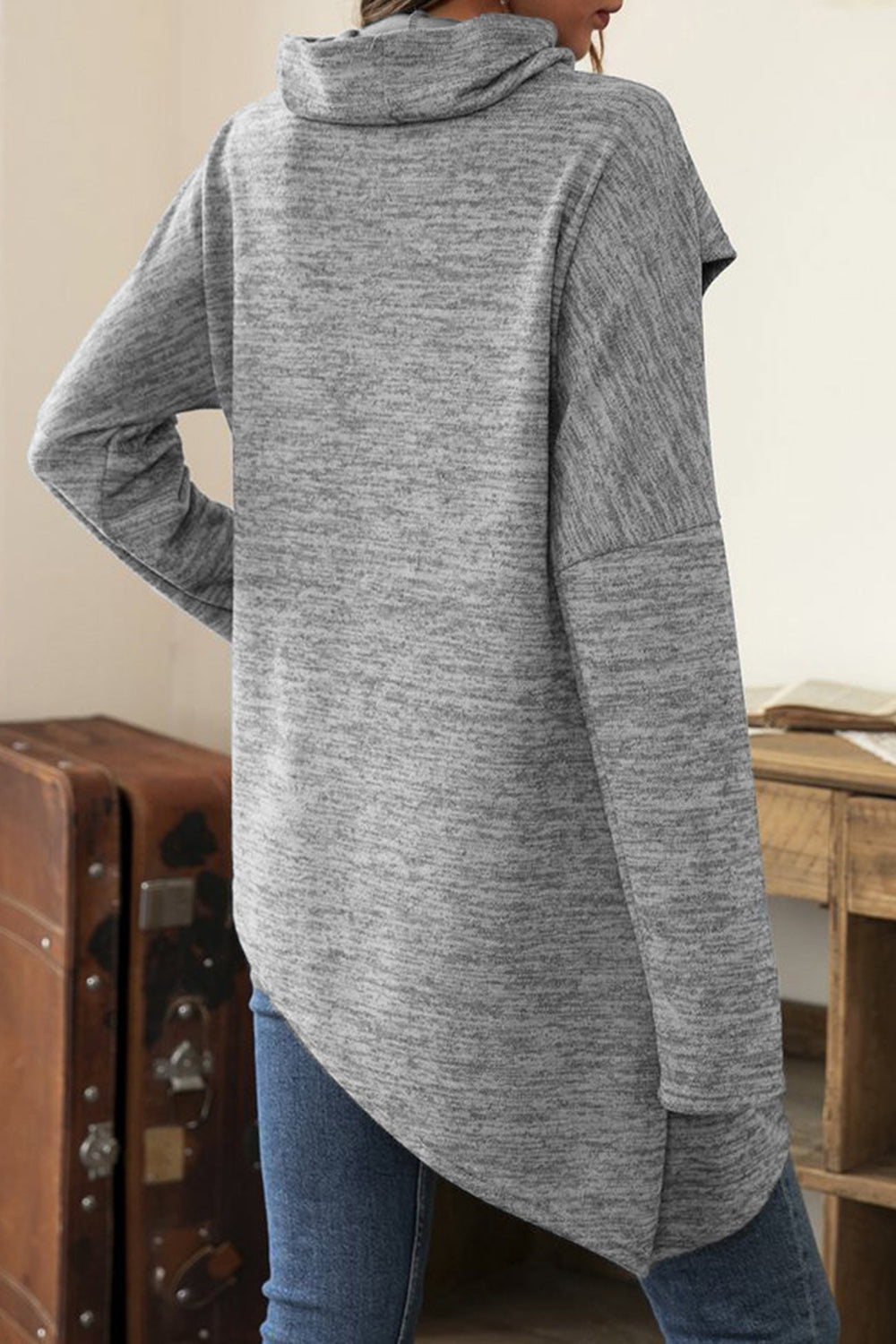High Neck Patchwork Irregular Hem Tops Grey · M
