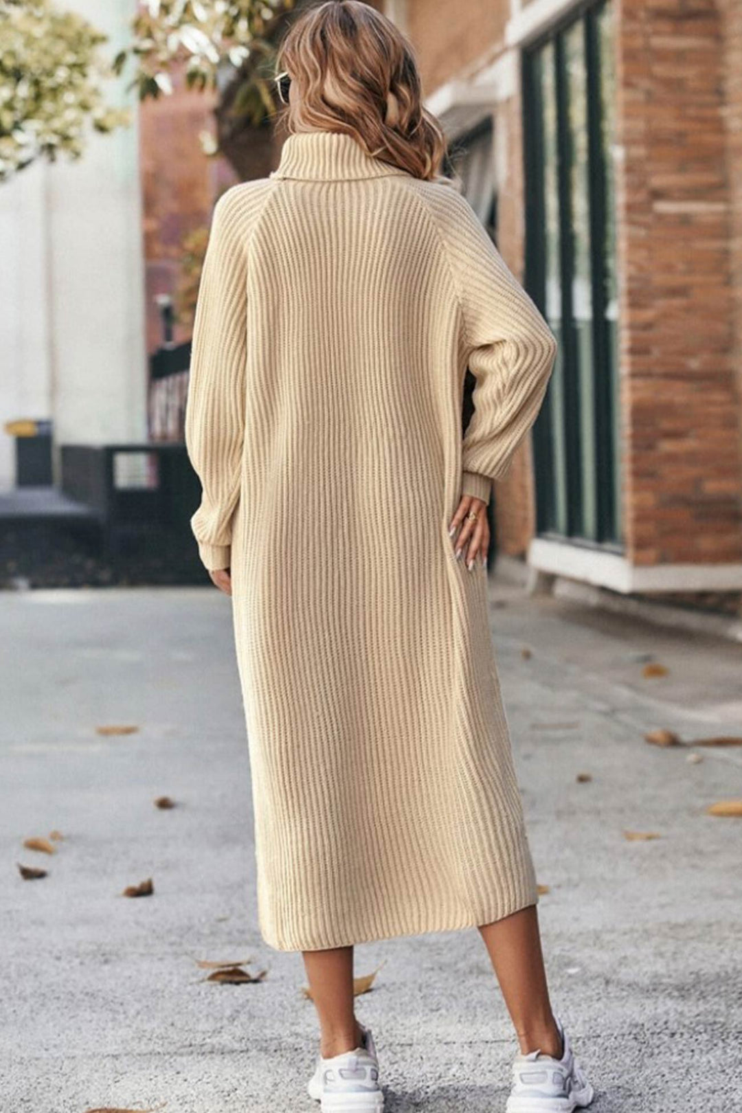 High Neck Ribbed Knit Sweater Dress Beige · XS