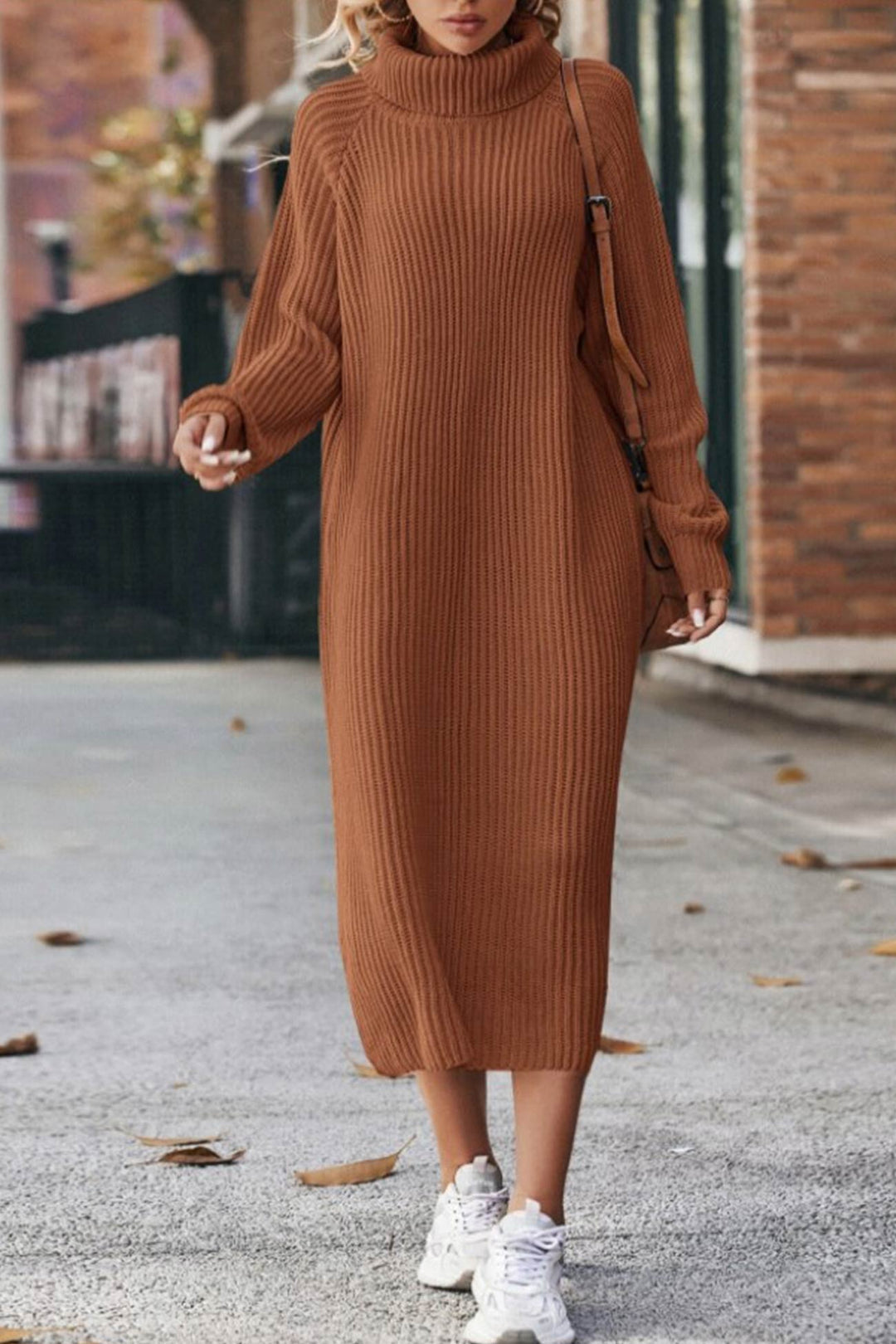 High Neck Ribbed Knit Sweater Dress Beige · S